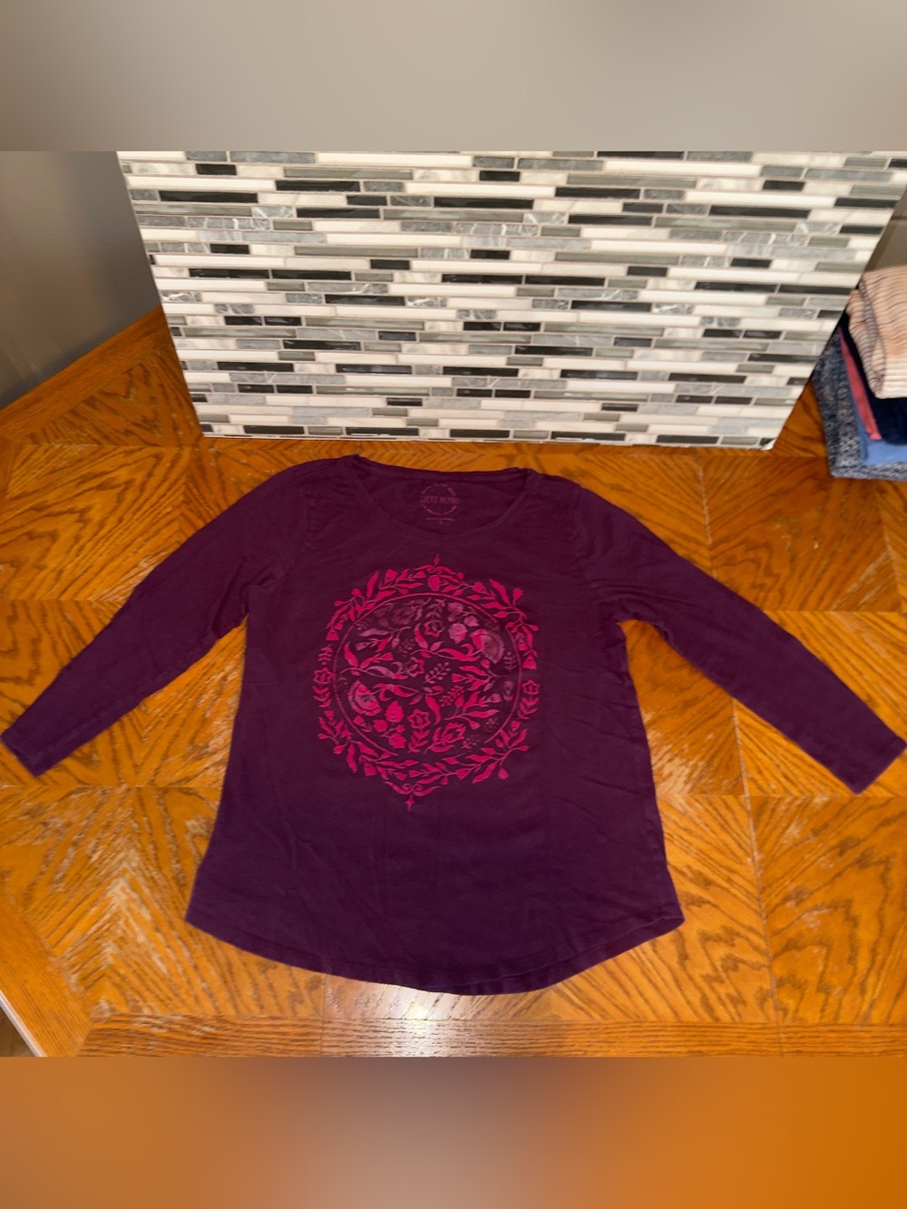 Lucky Brand Women's Long-Sleeve Tee in Plum with Pink Floral Medallion